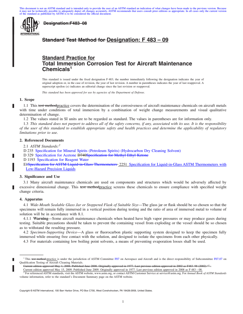 REDLINE ASTM F483-09 - Standard Practice for Total Immersion Corrosion Test for Aircraft Maintenance Chemicals