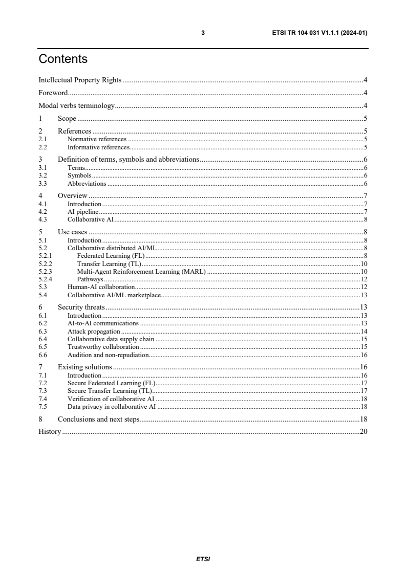 ETSI TR 104 031 V1.1.1 (2024-02) ETSI TR 104 031 V1.1.1 (2024-02) - Securing Artificial Intelligence (SAI); Collaborative Artificial Intelligence