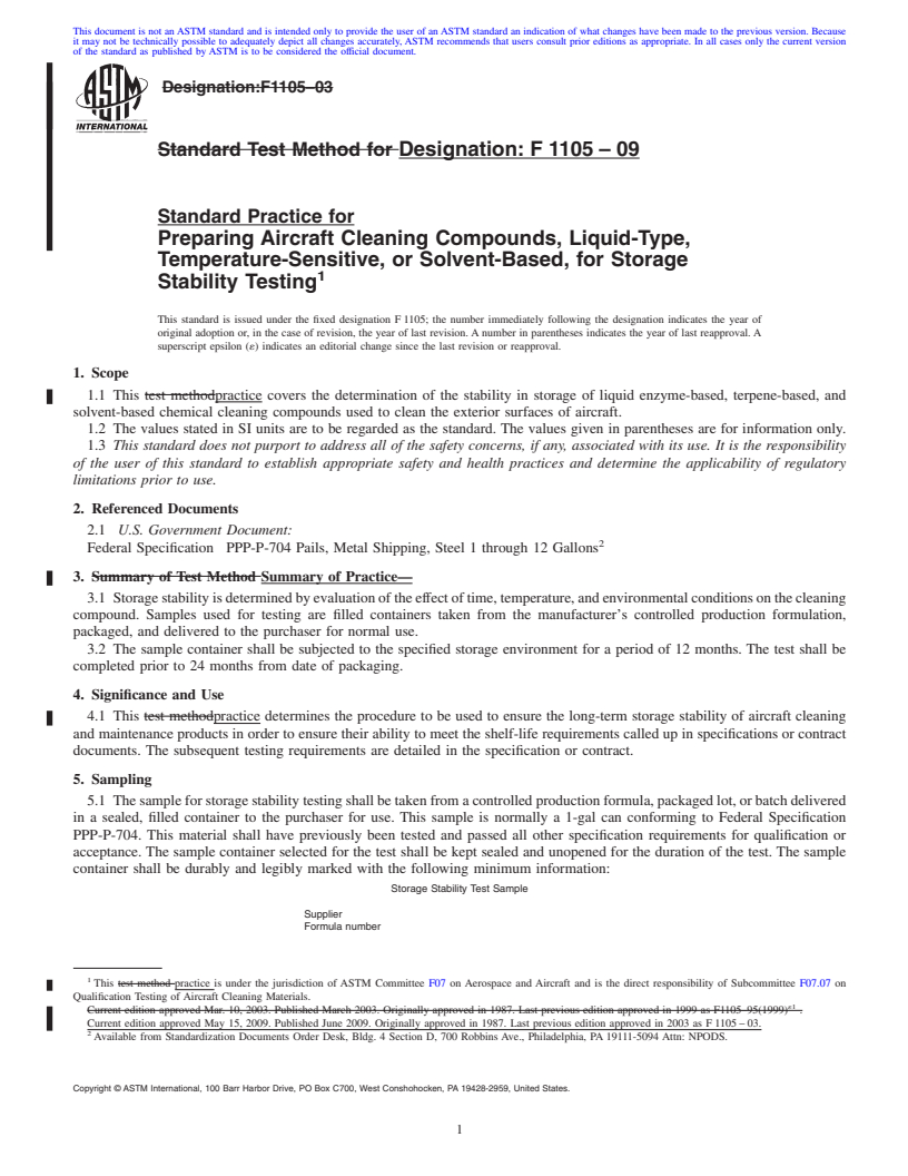 REDLINE ASTM F1105-09 - Standard Practice for Preparing Aircraft Cleaning Compounds, Liquid-Type, Temperature-Sensitive, or Solvent-Based, for Storage Stability Testing