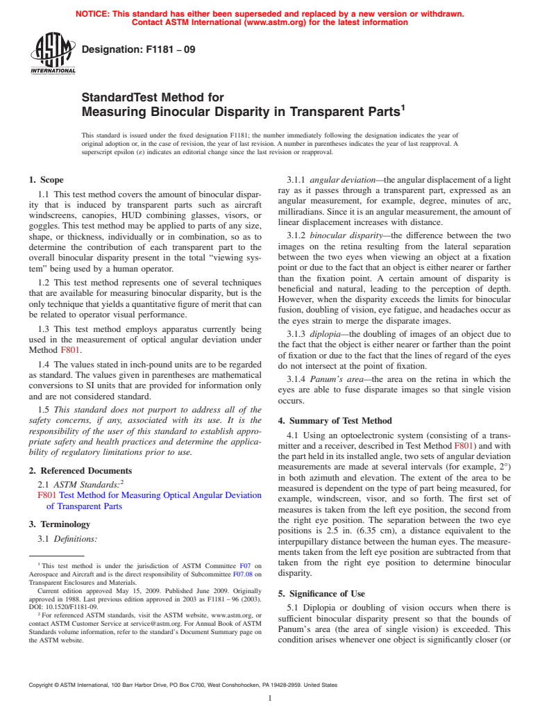 ASTM F1181-09 - Standard Test Method for Measuring Binocular Disparity in Transparent Parts
