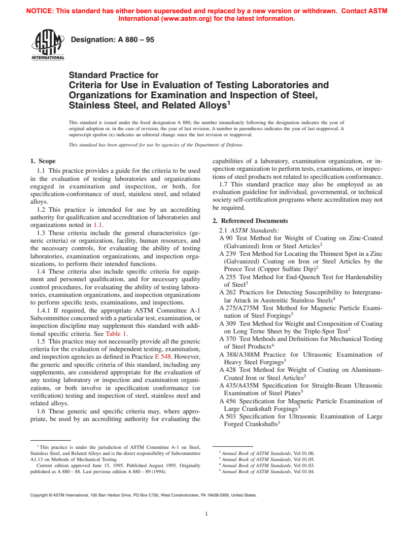 ASTM A880-95 - Standard Practice for Criteria for Use in Evaluation of Testing Laboratories and Organizations for Examination and Inspection of Steel, Stainless Steel, and Related Alloys (Withdrawn 2004)