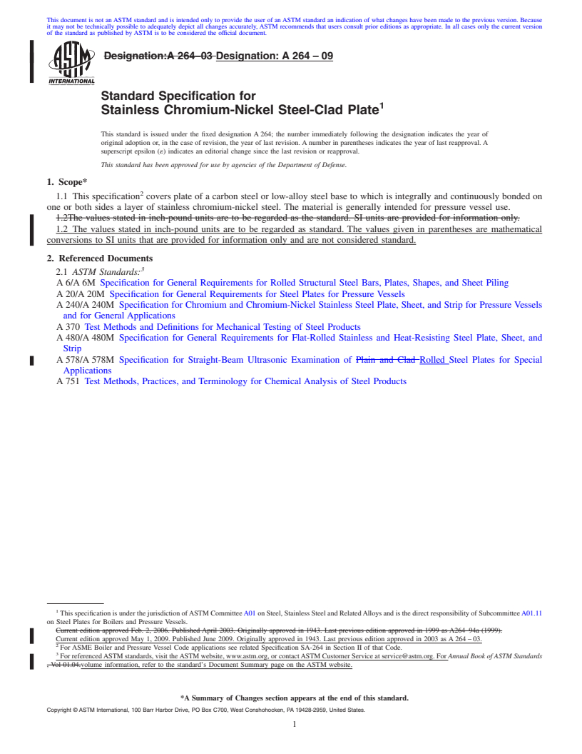 REDLINE ASTM A264-09 - Specification for Stainless Chromium-Nickel Steel-Clad Plate