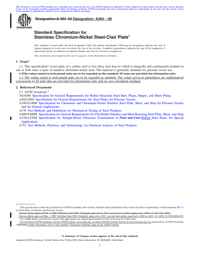 REDLINE ASTM A264-09 - Specification for Stainless Chromium-Nickel Steel-Clad Plate