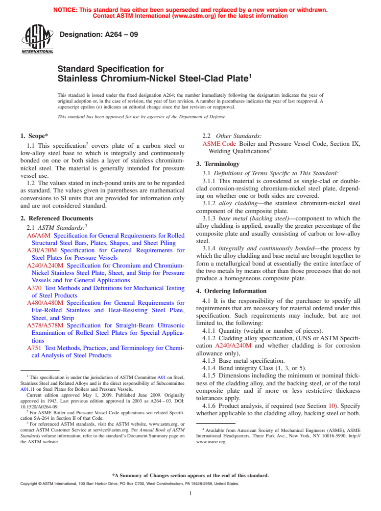 ASTM A264-09 - Specification for Stainless Chromium-Nickel Steel-Clad Plate