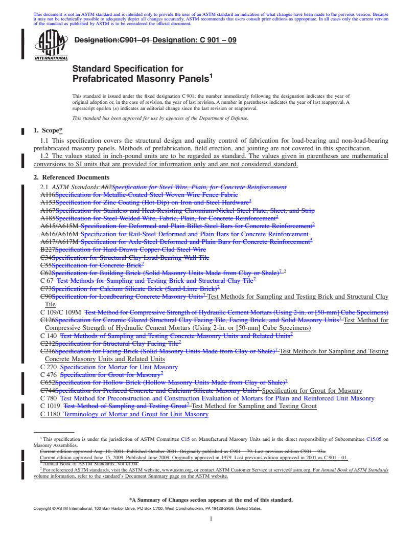 REDLINE ASTM C901-09 - Standard Specification for Prefabricated Masonry Panels