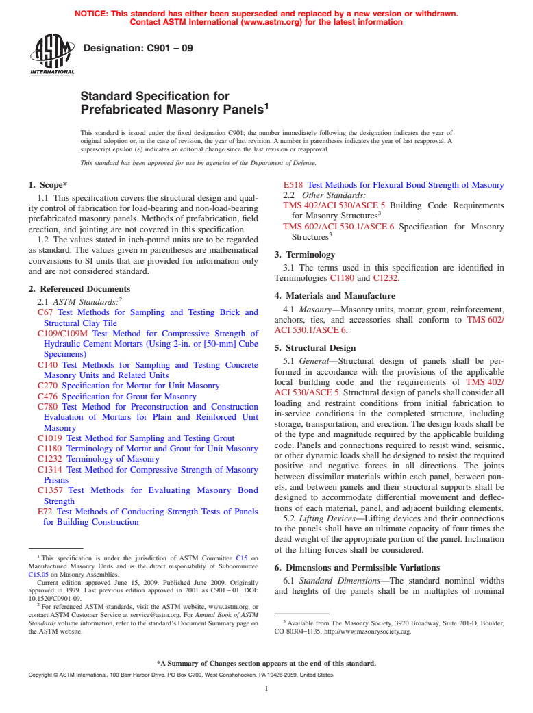 ASTM C901-09 - Standard Specification for Prefabricated Masonry Panels