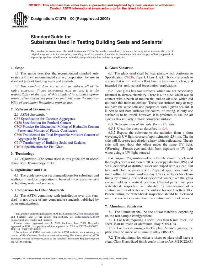 ASTM C1375-00(2009) - Standard Guide for Substrates Used in Testing Building Seals and Sealants