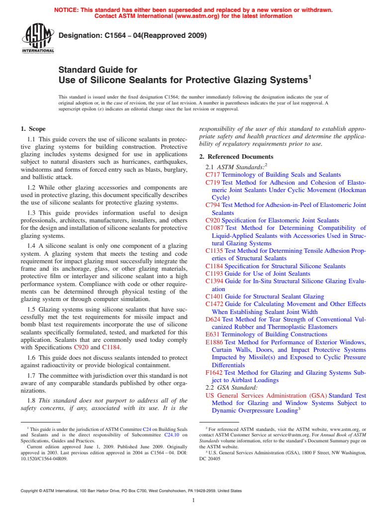 ASTM C1564-04(2009) - Standard Guide for Use of Silicone Sealants for Protective Glazing Systems