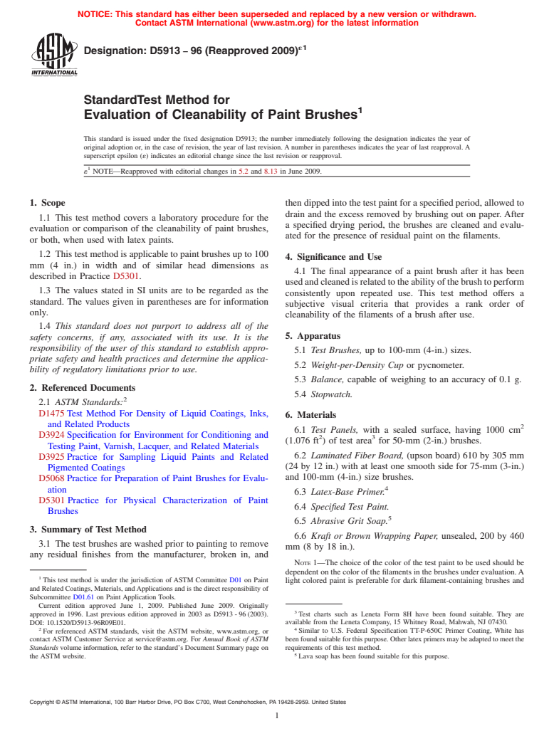ASTM D5913-96(2009)e1 - Standard Test Method for Evaluation of Cleanability of Paint Brushes