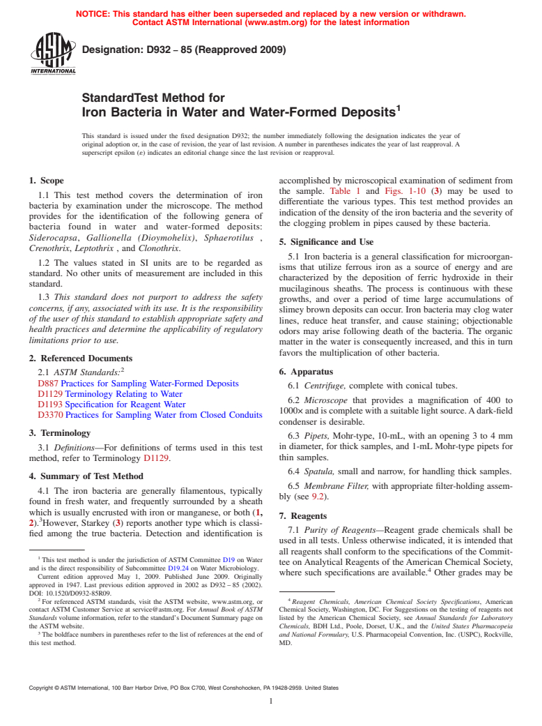 ASTM D932-85(2009) - Standard Test Method for Iron Bacteria in Water and Water-Formed Deposits