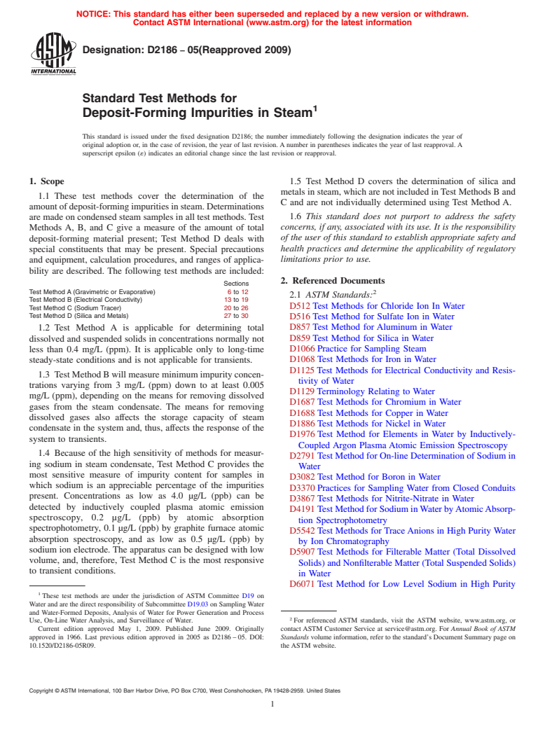 ASTM D2186-05(2009) - Standard Test Methods for Deposit-Forming Impurities in Steam (Withdrawn 2014)