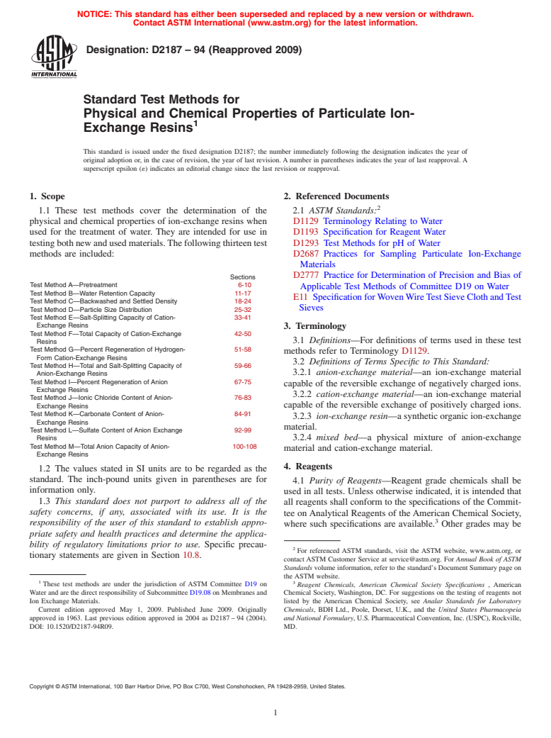 ASTM D2187-94(2009) - Standard Test Methods for Physical and Chemical Properties of Particulate Ion-Exchange Resins