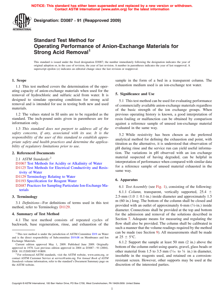 ASTM D3087-91(2009) - Standard Test Method for Operating Performance of Anion-Exchange Materials for Strong Acid Removal