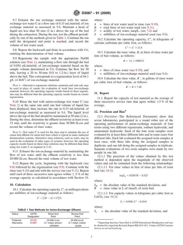 ASTM D3087-91(2009) - Standard Test Method for Operating Performance of Anion-Exchange Materials for Strong Acid Removal