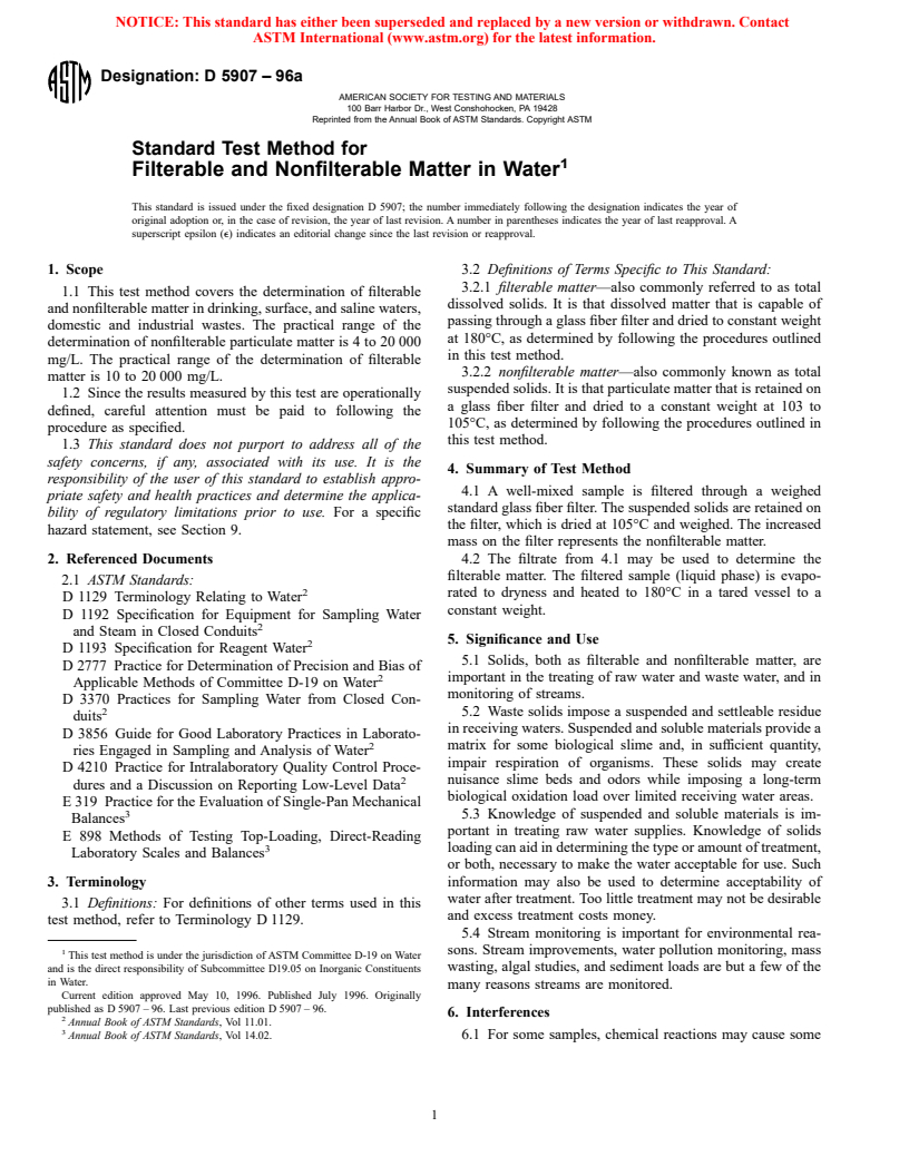 ASTM D5907-96a - Standard Test Method for Filterable and Nonfilterable Matter in Water