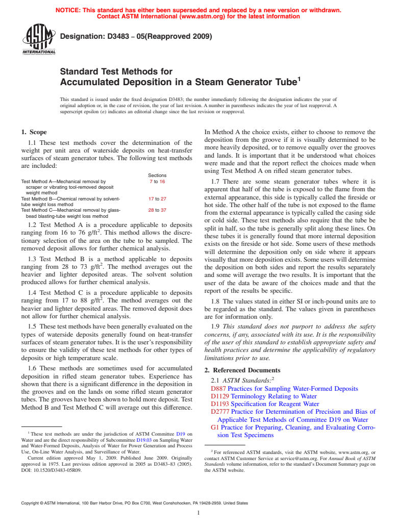 ASTM D3483-05(2009) - Standard Test Methods for Accumulated Deposition in a Steam Generator Tube