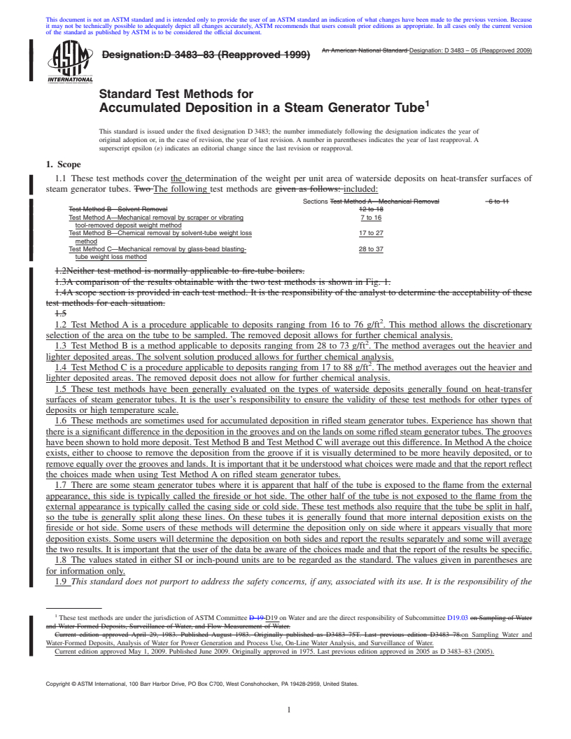 REDLINE ASTM D3483-05(2009) - Standard Test Methods for Accumulated Deposition in a Steam Generator Tube