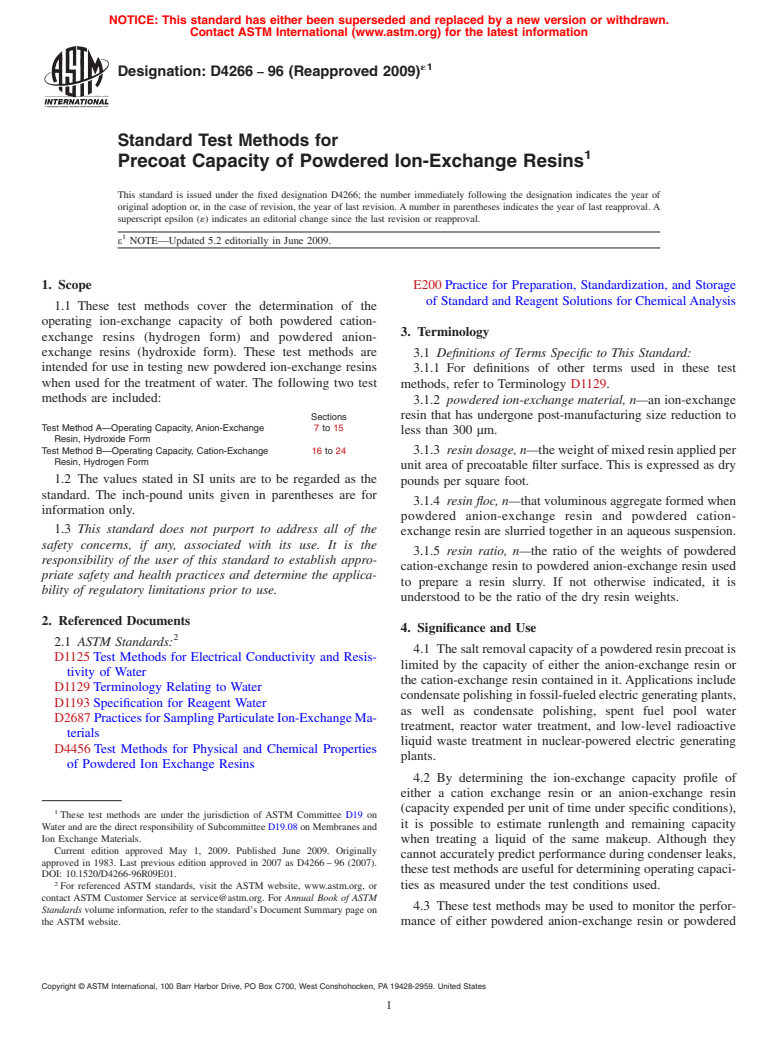 ASTM D4266-96(2009)e1 - Standard Test Methods for  Precoat Capacity of Powdered Ion-Exchange Resins