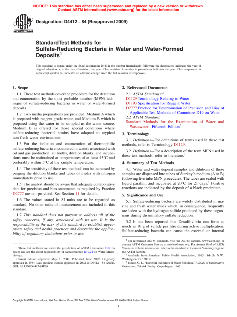 ASTM D4412-84(2009) - Standard Test Methods for Sulfate-Reducing Bacteria in Water and Water-Formed Deposits