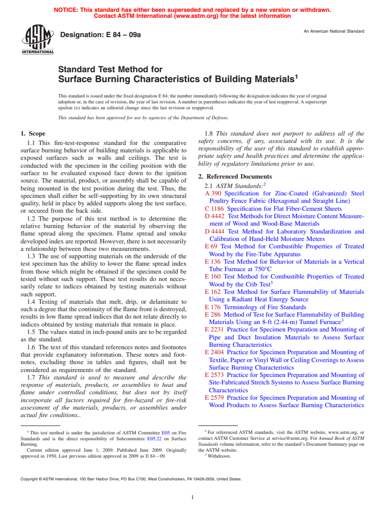ASTM E84-09a - Standard Test Method for  Surface Burning Characteristics of Building Materials