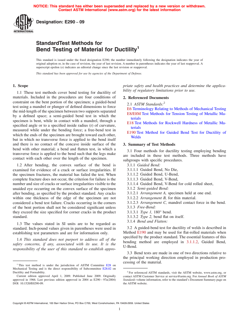 ASTM E290-09 - Standard Test Methods for Bend Testing of Material for Ductility