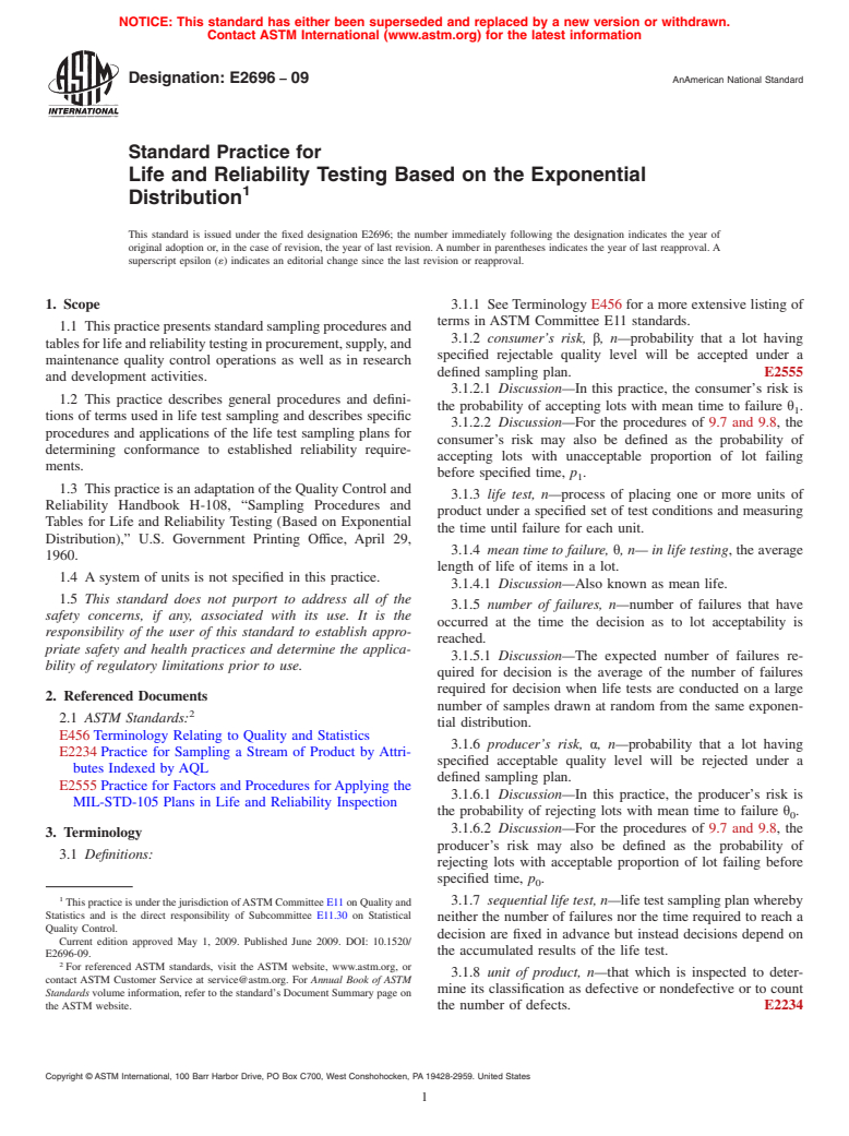 ASTM E2696-09 - Standard Practice for Life and Reliability Testing Based on the Exponential Distribution