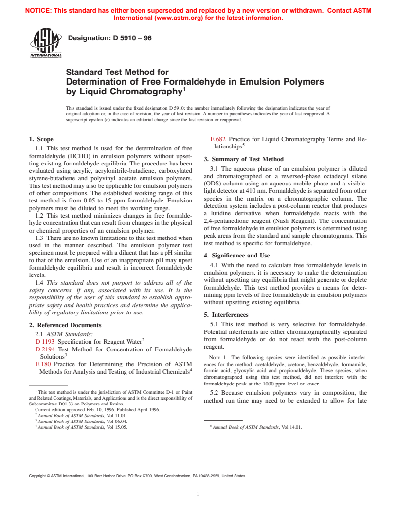 ASTM D5910-96 - Standard Test Method for Determination of Free Formaldehyde in Emulsion Polymers by Liquid Chromatography (Withdrawn 2005)