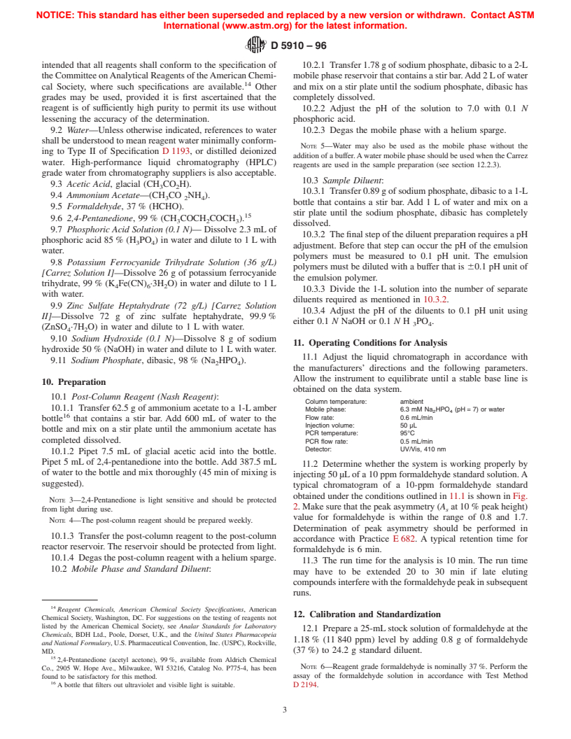 ASTM D5910-96 - Standard Test Method for Determination of Free Formaldehyde in Emulsion Polymers by Liquid Chromatography (Withdrawn 2005)