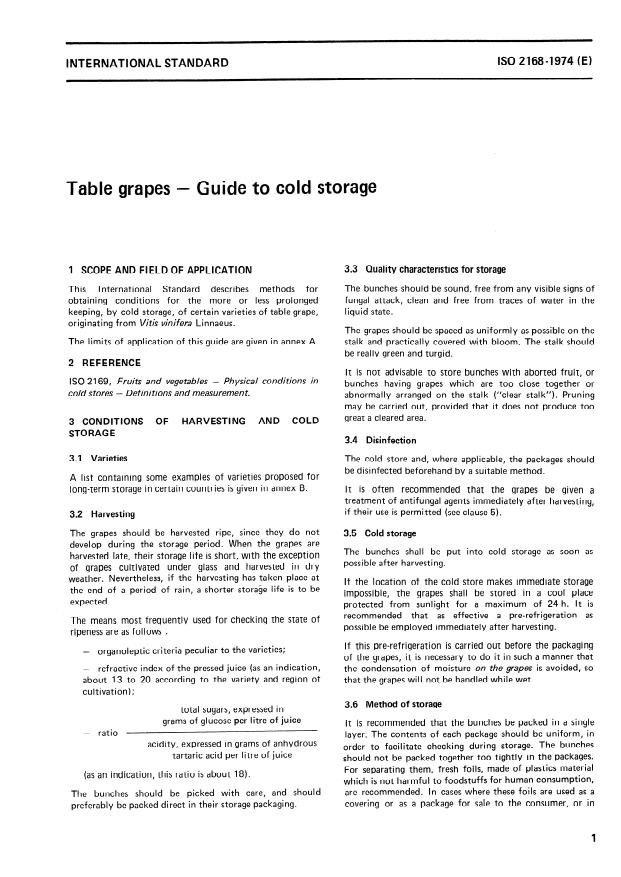 ISO 2168:1974 - Table grapes -- Guide to cold storage