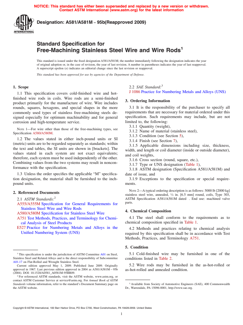 ASTM A581/A581M-95b(2009) - Standard Specification for Free-Machining Stainless Steel Wire and Wire Rods