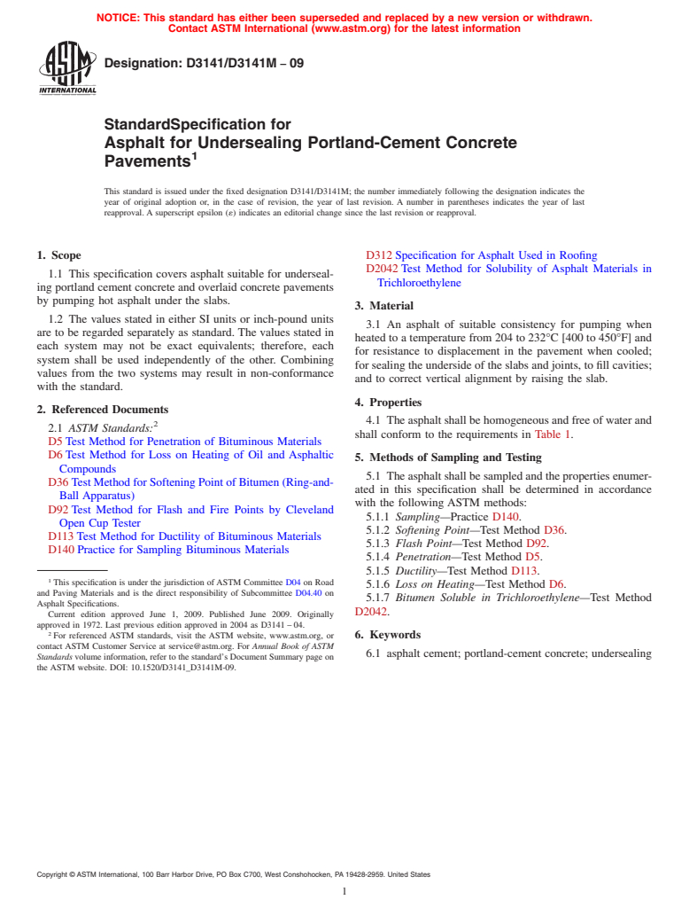 ASTM D3141/D3141M-09 - Standard Specification for Asphalt for Undersealing Portland-Cement Concrete Pavements