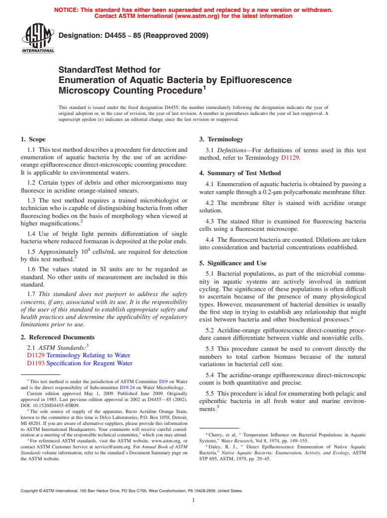 ASTM D4455-85(2009) - Standard Test Method for Enumeration of Aquatic Bacteria by Epifluorescence Microscopy Counting Procedure