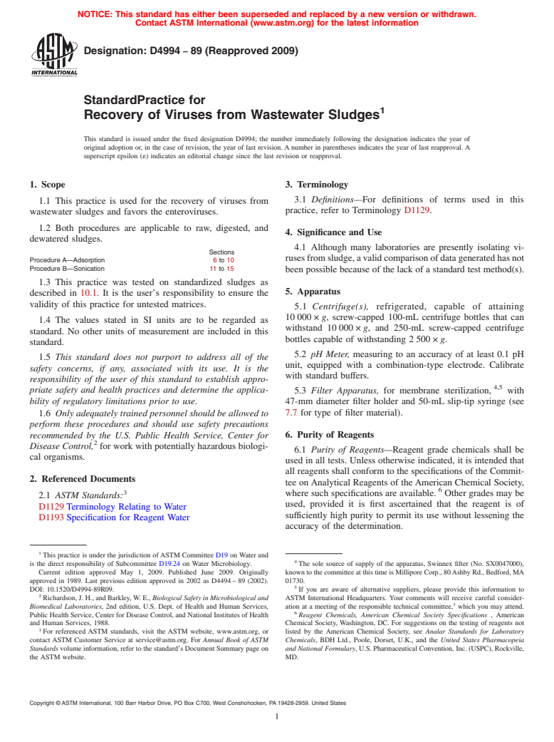 ASTM D4994-89(2009) - Standard Practice for Recovery of Viruses from Wastewater Sludges