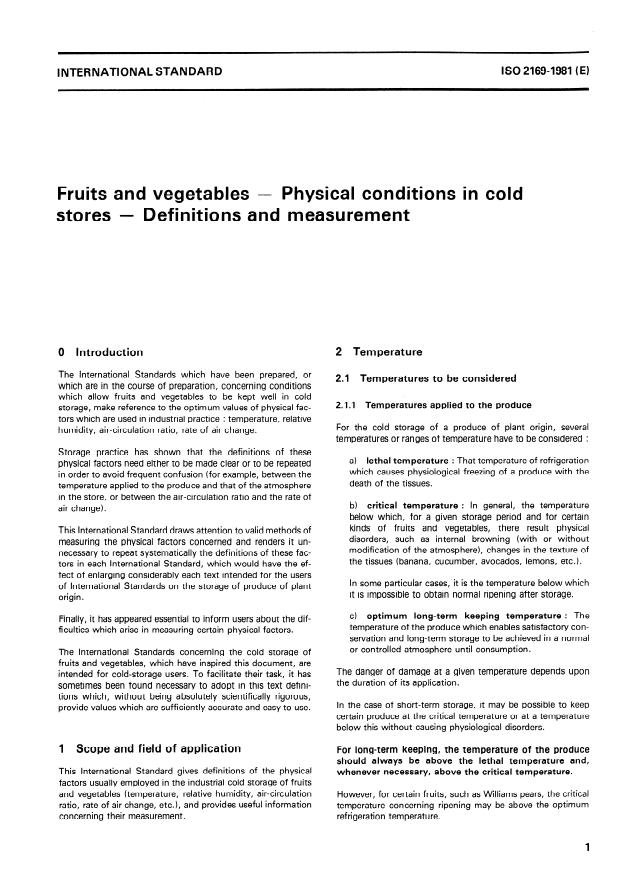 ISO 2169:1981 - Fruits and vegetables -- Physical conditions in cold stores -- Definitions and measurement