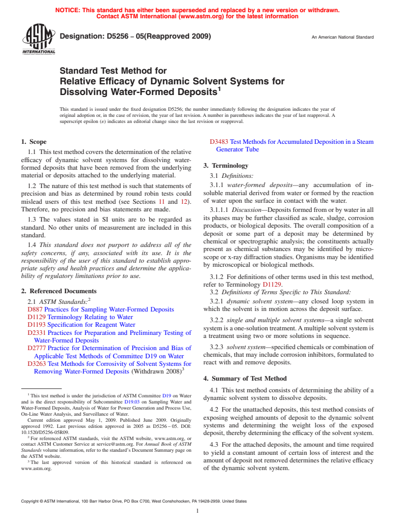 ASTM D5256-05(2009) - Standard Test Method for Relative Efficacy of Dynamic Solvent Systems for Dissolving Water-Formed Deposits