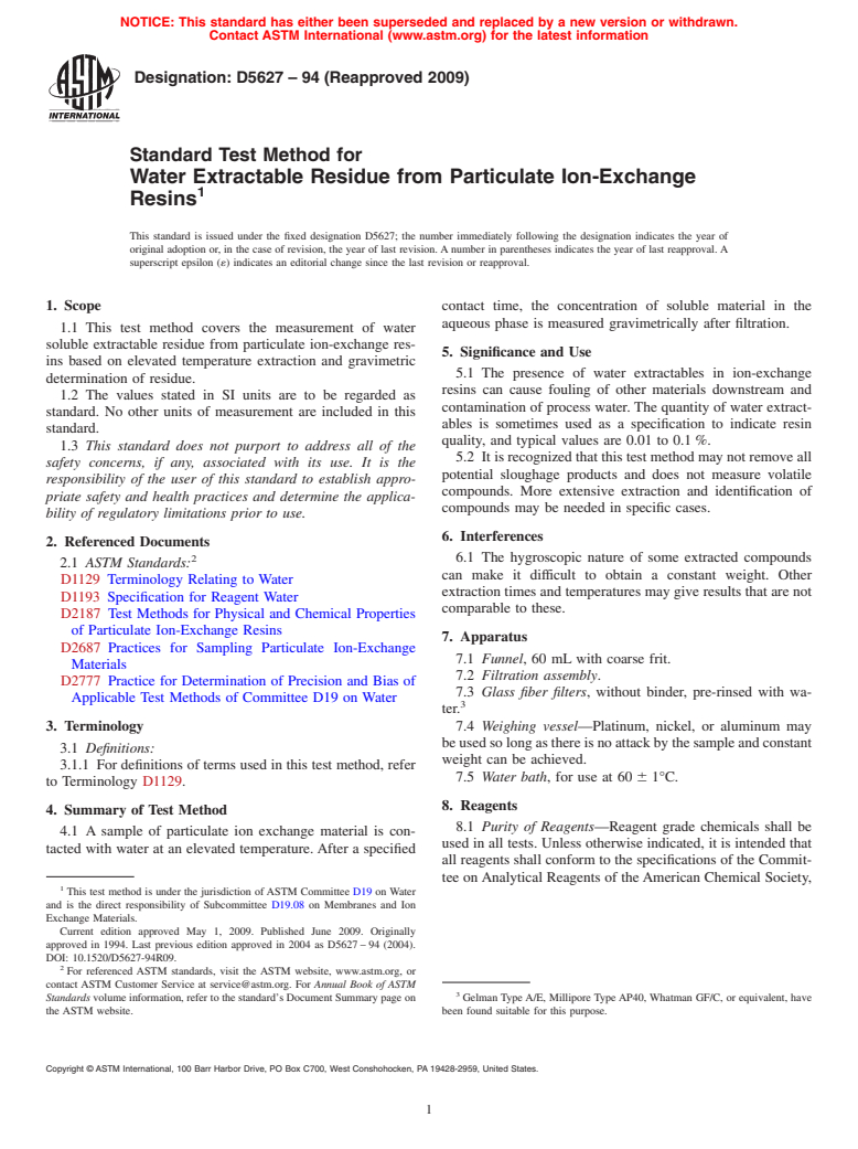 ASTM D5627-94(2009) - Standard Test Method for Water Extractable Residue from Particulate Ion-Exchange Resins