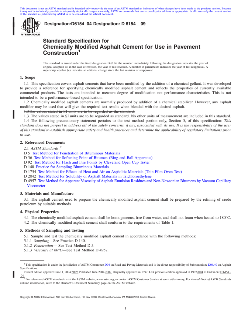 REDLINE ASTM D6154-09 - Standard Specification for Chemically Modified Asphalt Cement for Use in Pavement Construction