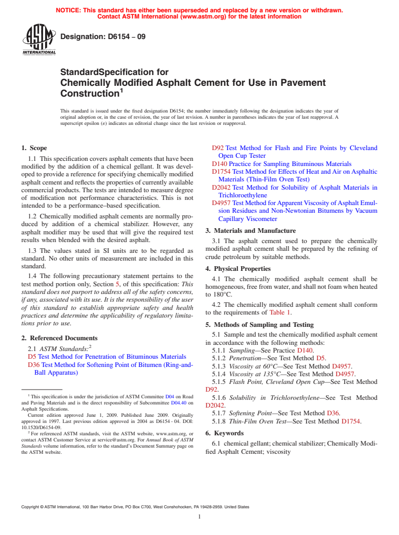 ASTM D6154-09 - Standard Specification for Chemically Modified Asphalt Cement for Use in Pavement Construction