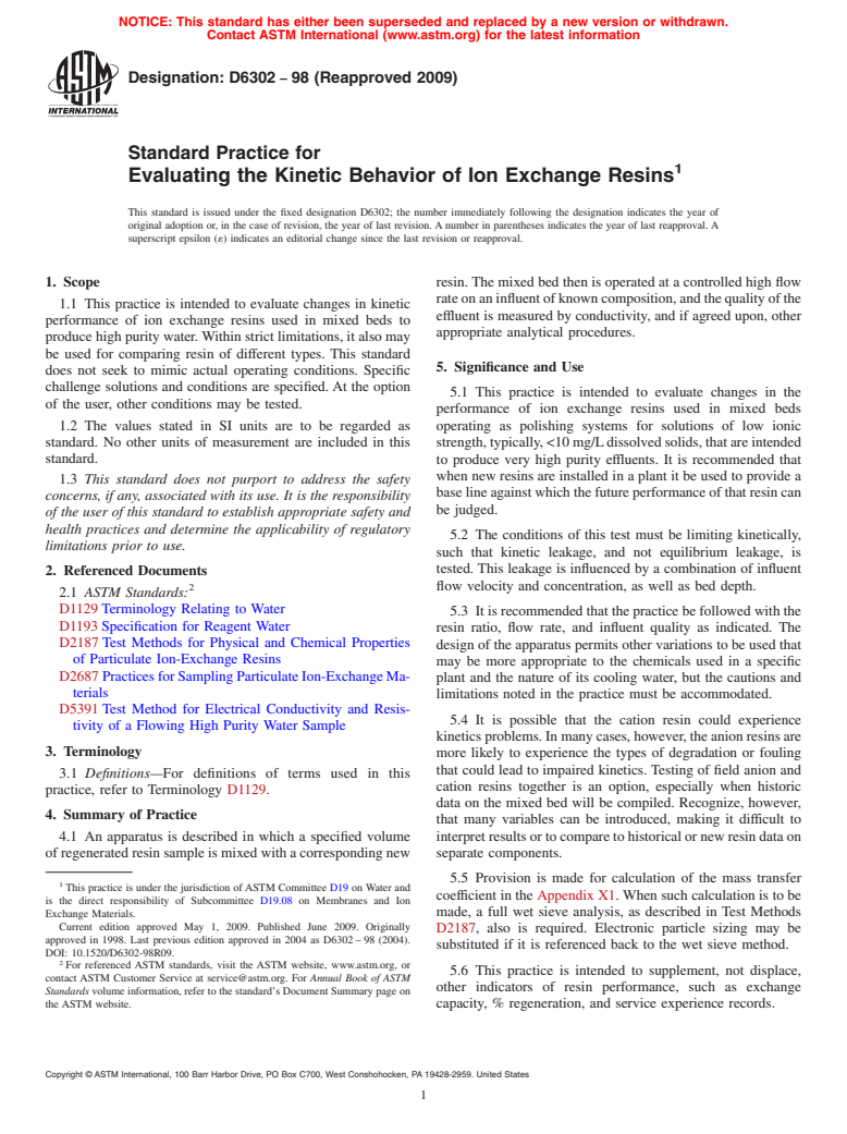 ASTM D6302-98(2009) - Standard Practice for Evaluating the Kinetic Behavior of Ion Exchange Resins