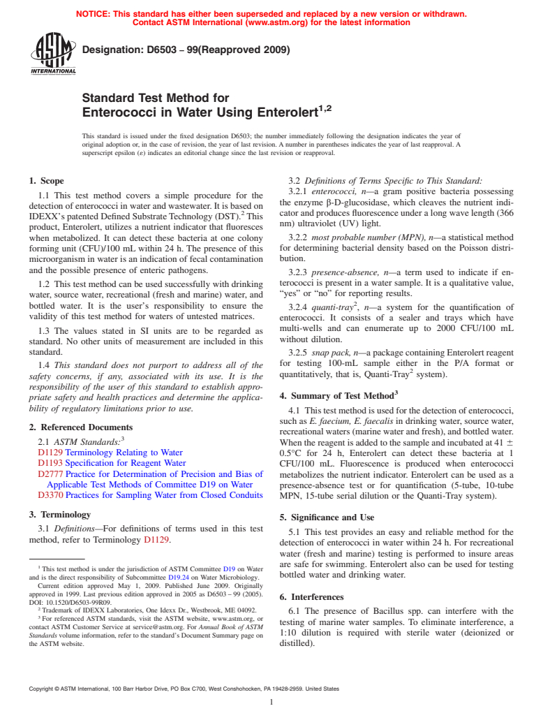 ASTM D6503-99(2009) - Standard Test Method for Enterococci in Water Using Enterolert