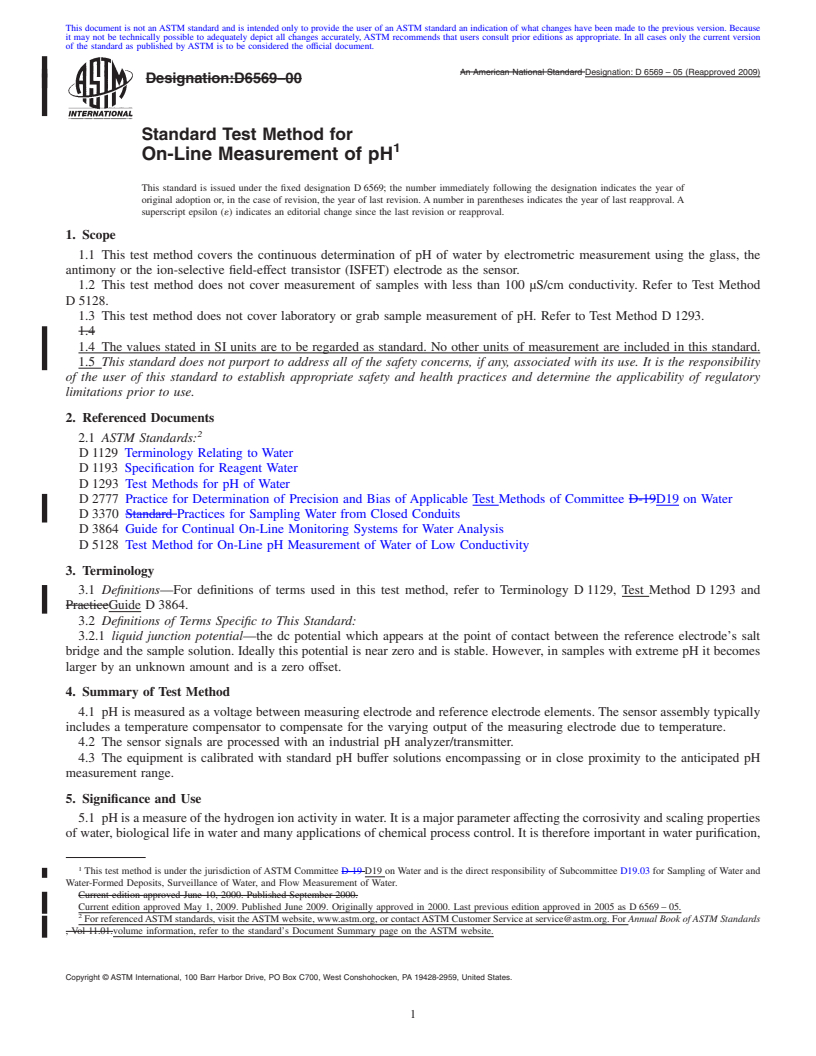 REDLINE ASTM D6569-05(2009) - Standard Test Method for On-Line Measurement of pH<sup>1</sup>