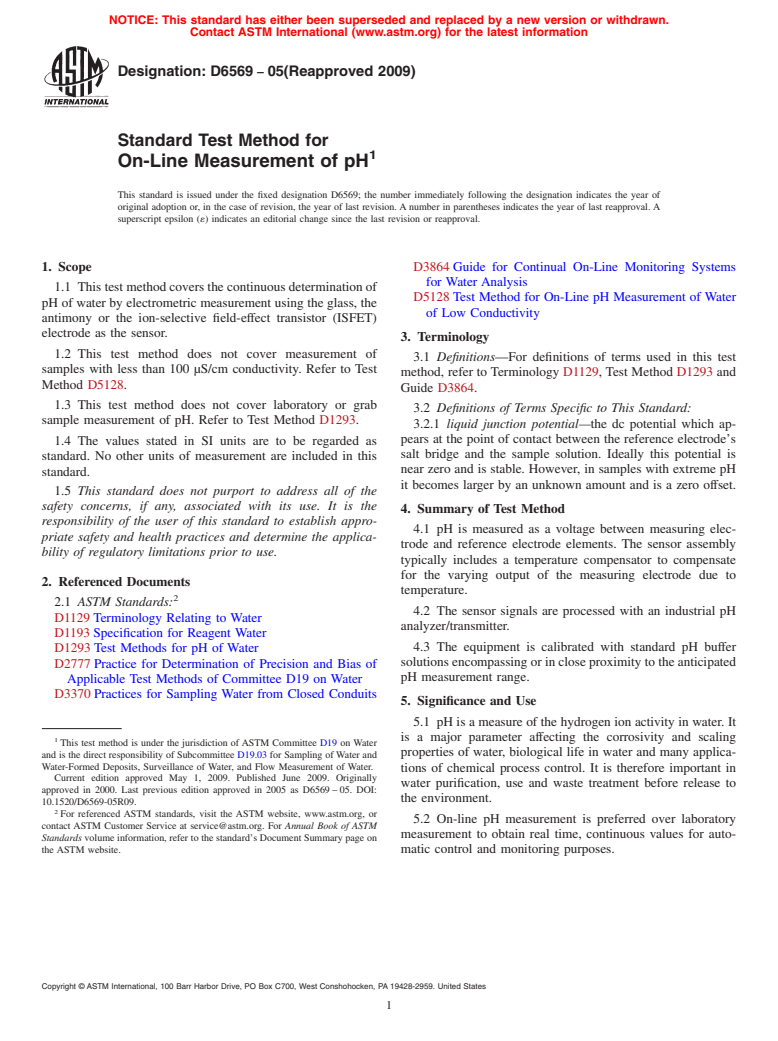 ASTM D6569-05(2009) - Standard Test Method for On-Line Measurement of pH<sup>1</sup>