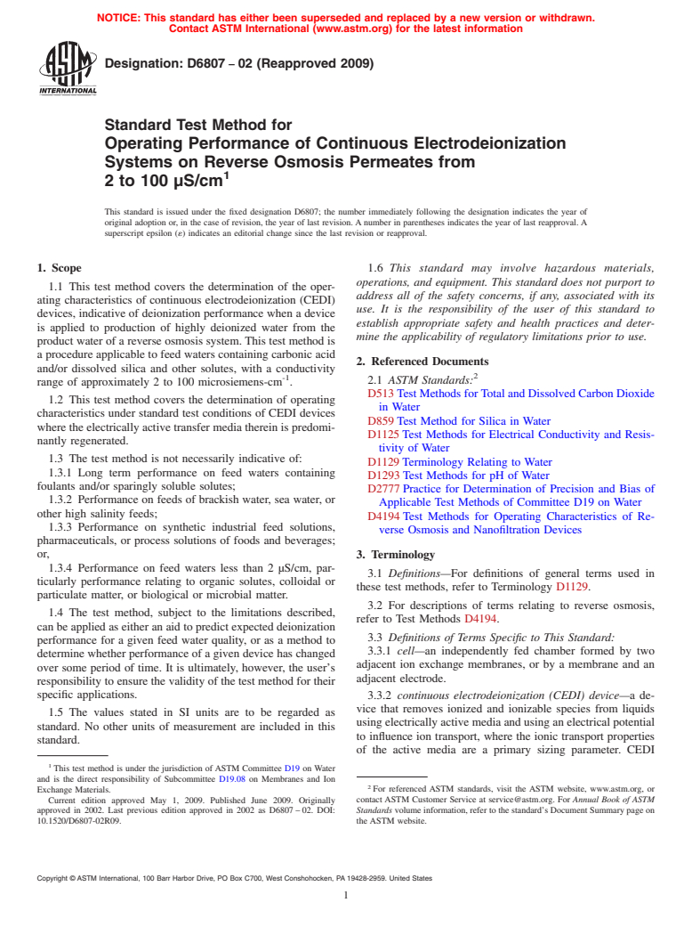 ASTM D6807-02(2009) - Standard Test Method for Operating Performance of Continuous Electrodeionization Systems on Reverse Osmosis Permeates from2 to 100 S/cm