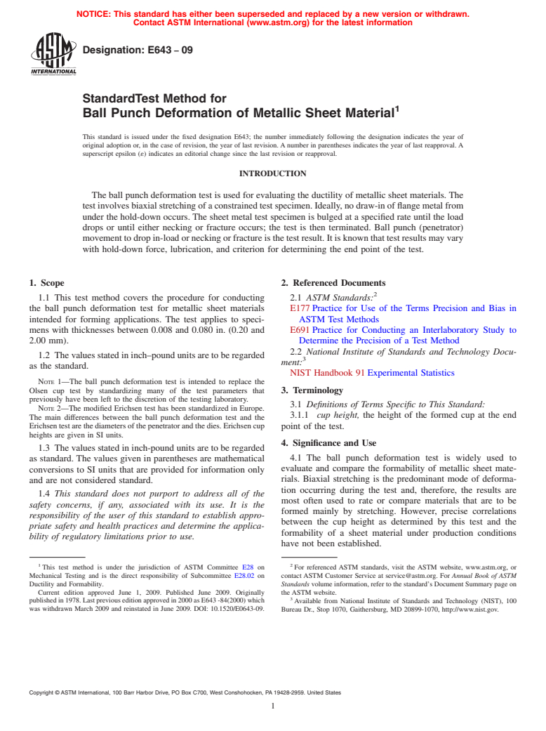 ASTM E643-09 - Standard Test Method for Ball Punch Deformation of Metallic Sheet Material