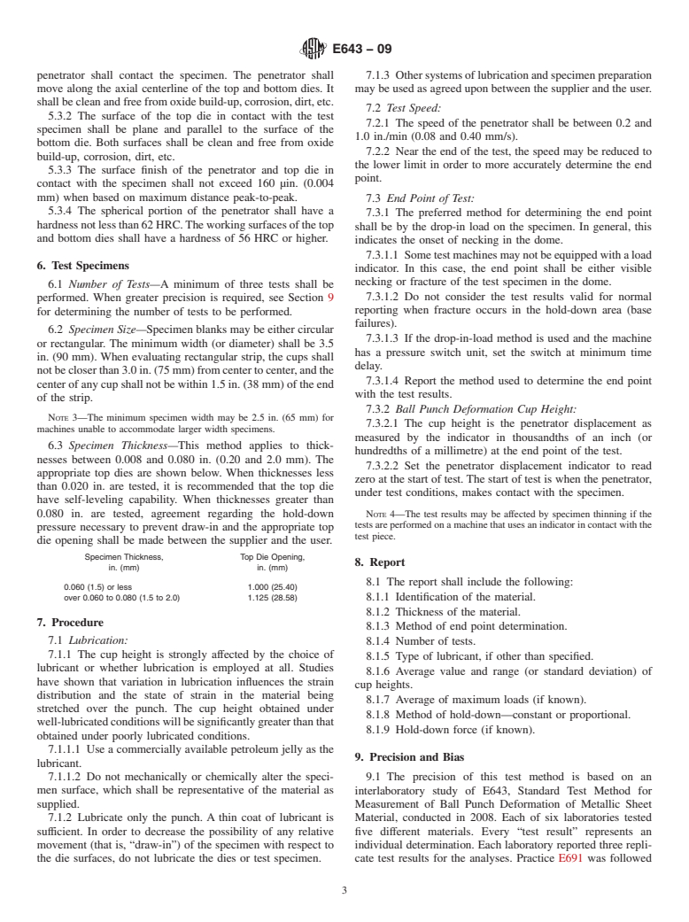 ASTM E643-09 - Standard Test Method for Ball Punch Deformation of Metallic Sheet Material