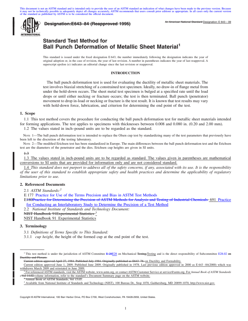 REDLINE ASTM E643-09 - Standard Test Method for Ball Punch Deformation of Metallic Sheet Material