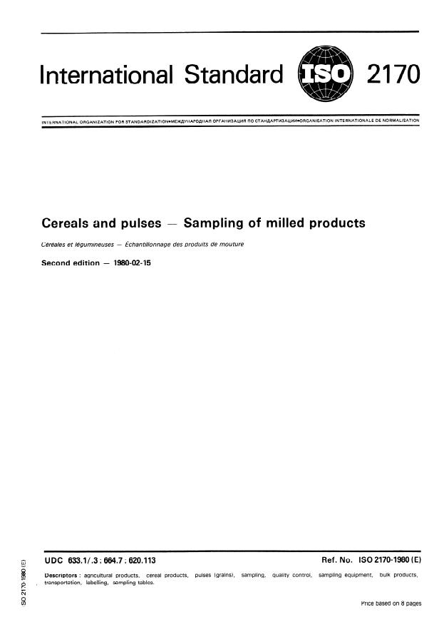 ISO 2170:1980 - Cereals and pulses -- Sampling of milled products