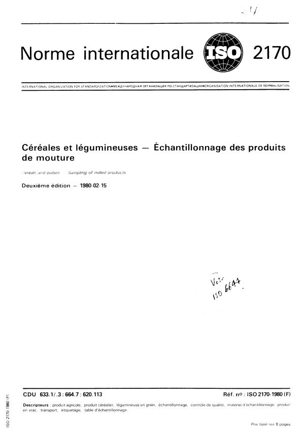 ISO 2170:1980 - Céréales et légumineuses -- Échantillonnage des produits de mouture