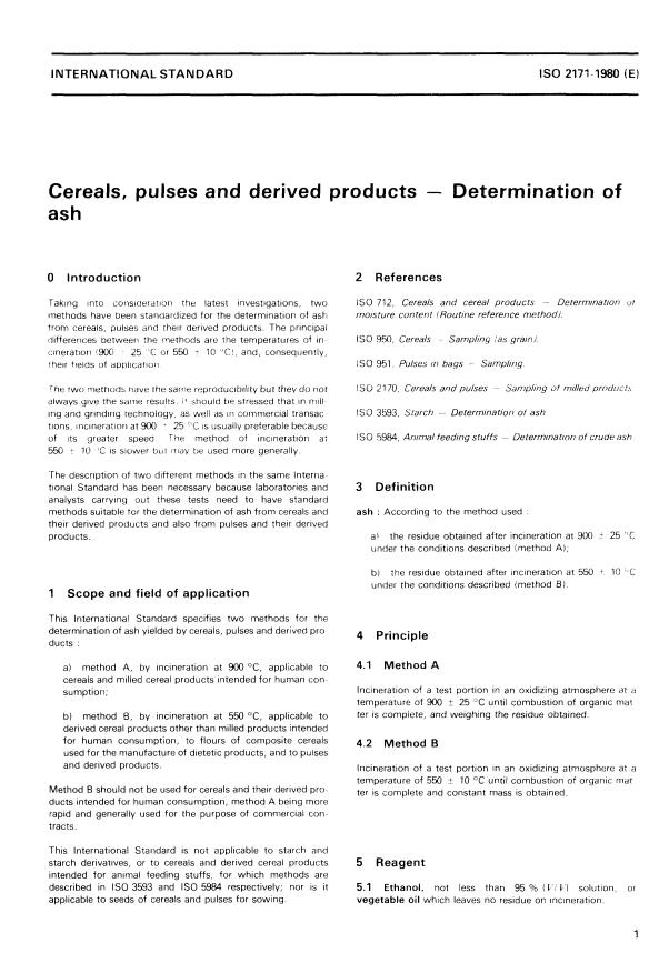 ISO 2171:1980 - Cereals, pulses and derived products -- Determination of ash