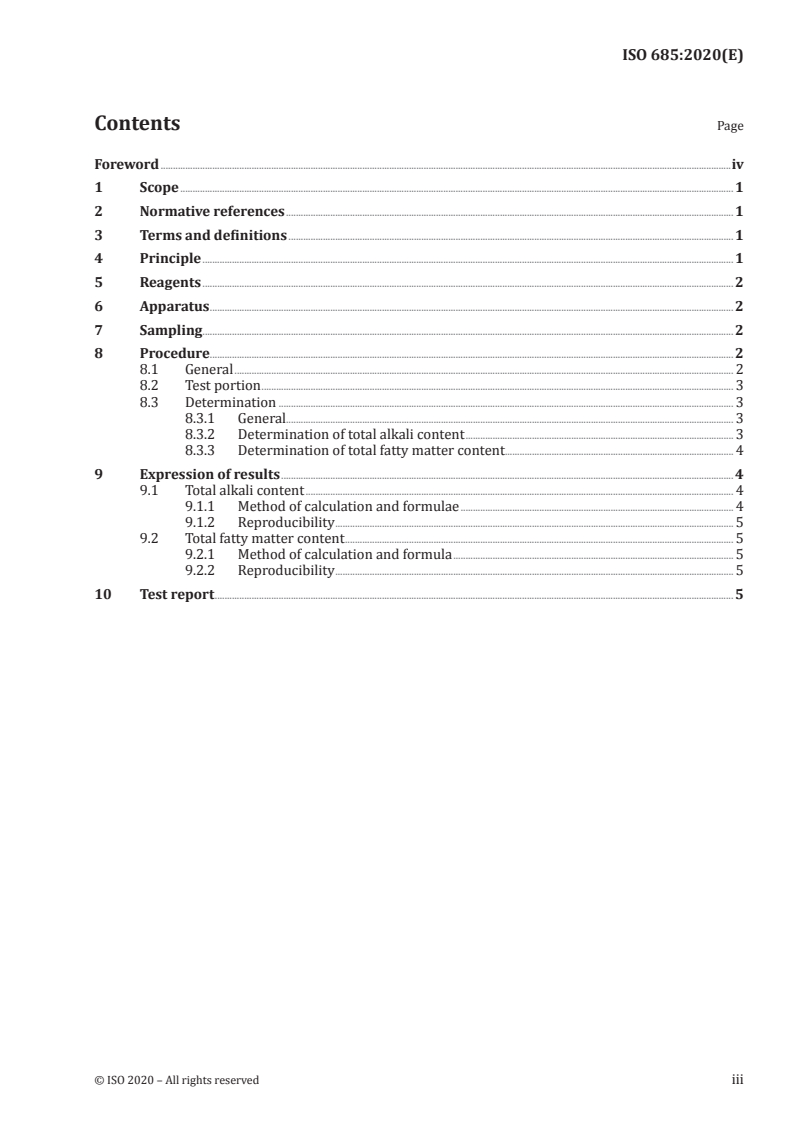 ISO 685:2020 - Analysis of soaps — Determination of total alkali content and total fatty matter content
Released:2/28/2020